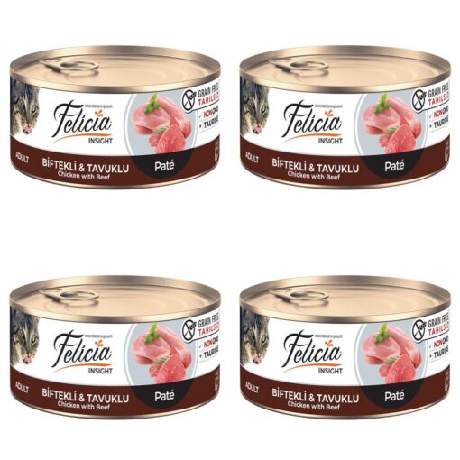 Tahılsız Biftekli -Tavuklu Yaş Kedi Maması – Felicia Kıyılmış 85 gr x 4 ADET